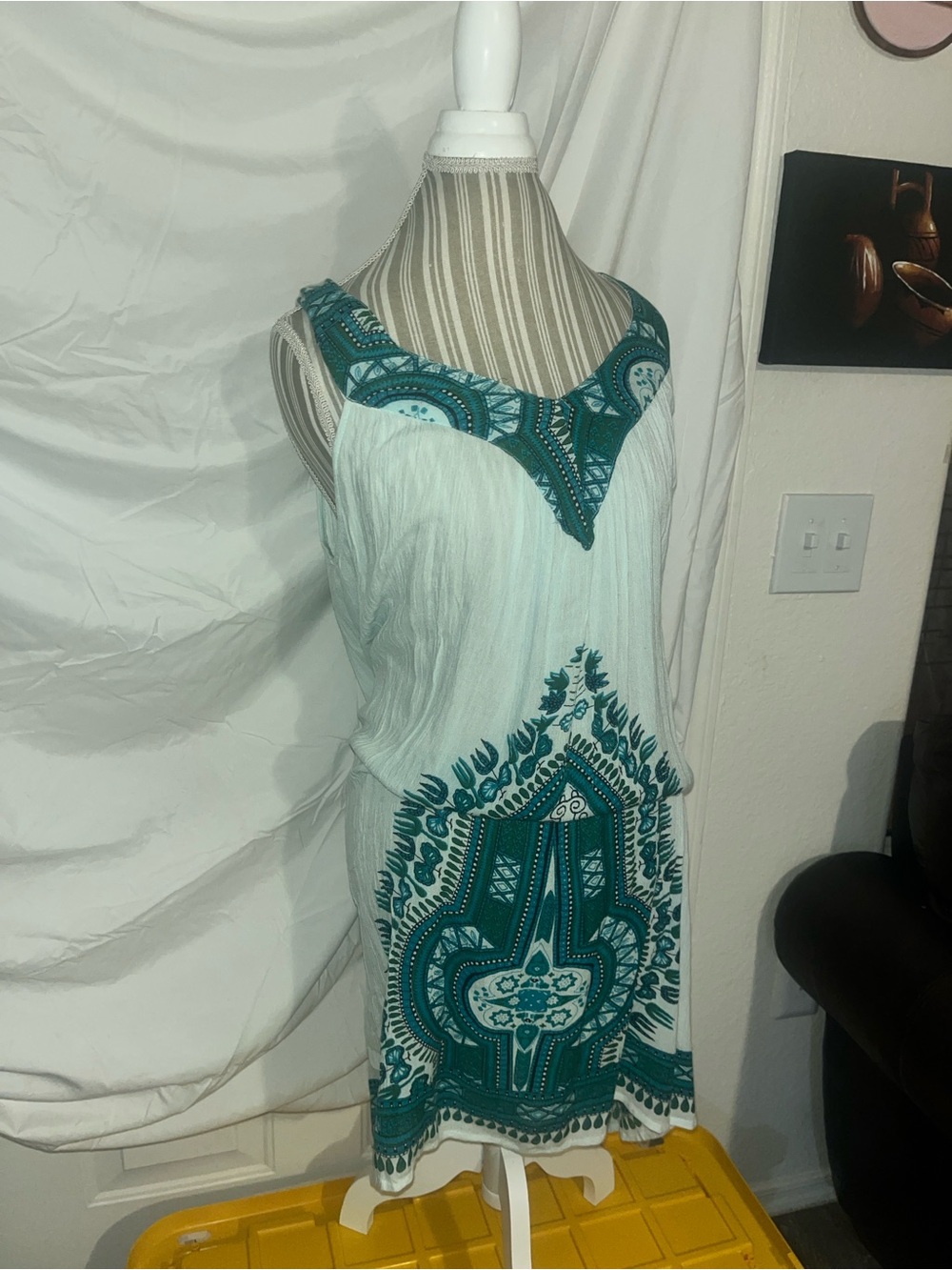 White Tank Dress with Teal Embroidered Accents